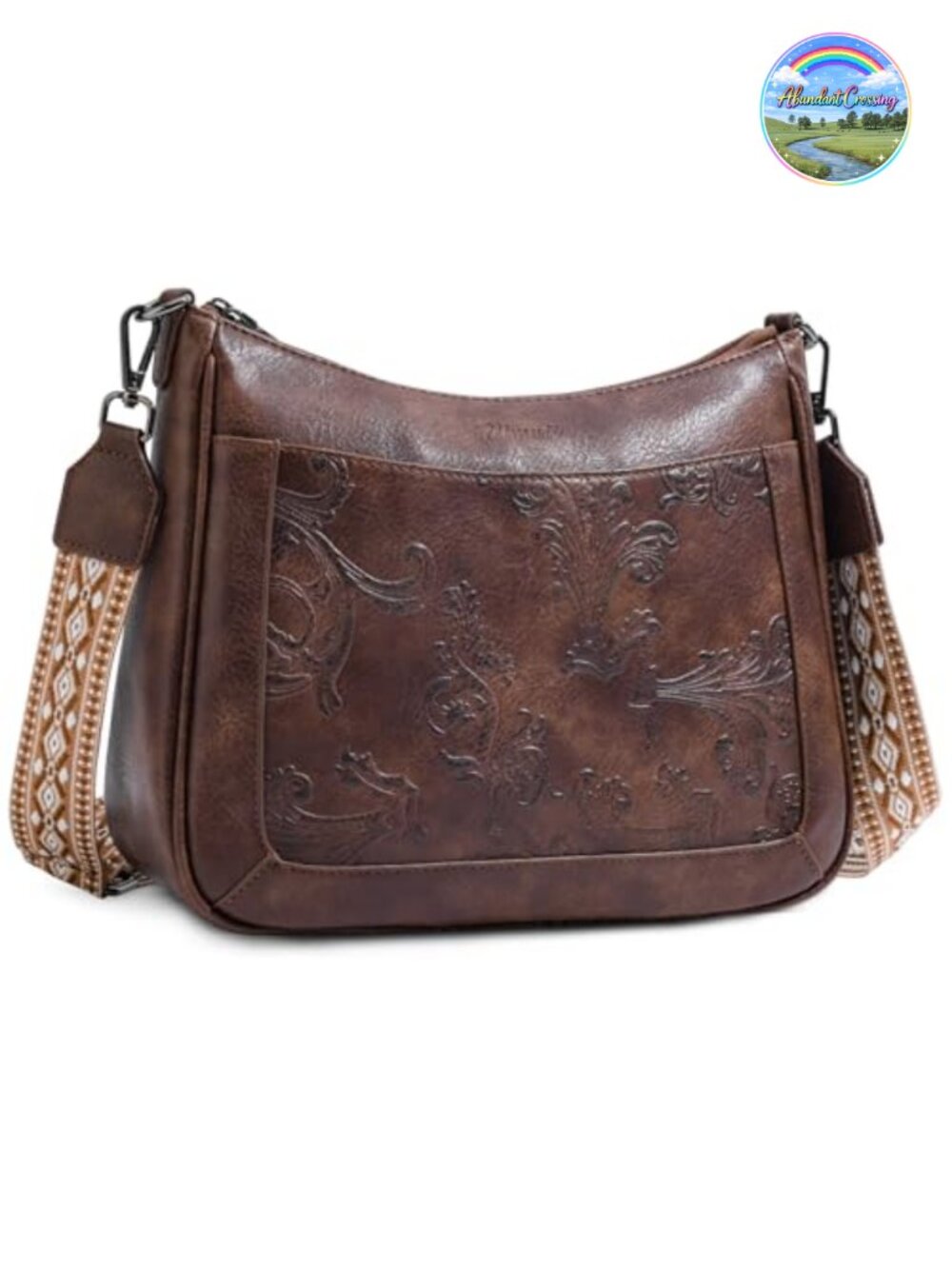 Vegan Leather Crossbody Bag Embossed Flower Wide Strap Women's Purse